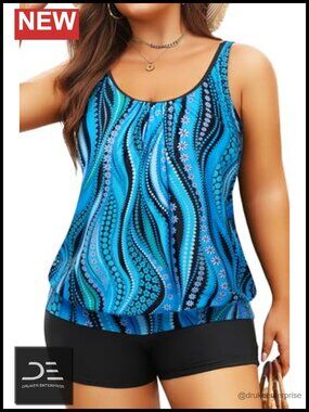 Plus Size Tankini Set with Swim Shorts Blouson Top Adjustable Straps